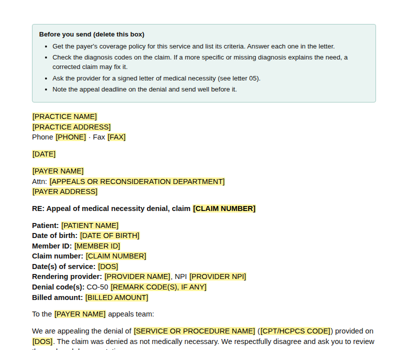 The top of the medical necessity appeal template, with highlighted placeholders like [PATIENT NAME] and [CLAIM NUMBER]